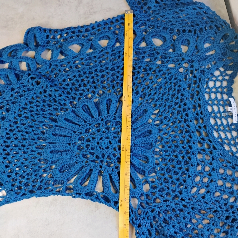 Tempo Paris Asymmetrical Open Knit Top Womens Medium Blue Crochet Boho Lagenlook - Picture 9 of 10